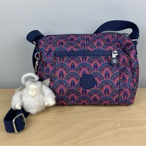 Kipling Women’s Crossbody Purse Bag Purple Multicolor Pattern + Monkey Keychain
